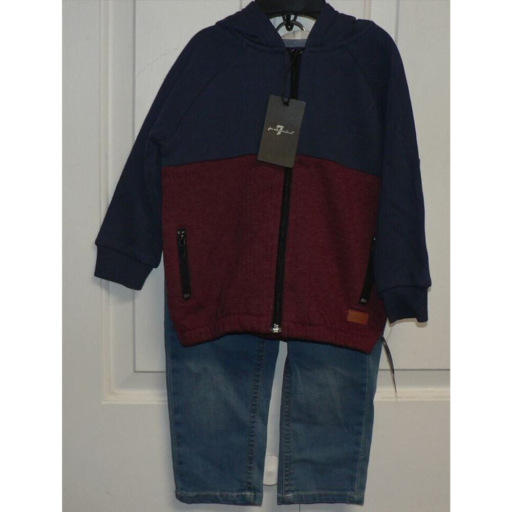 7 For All Mankind Boys Color‎ Block Hoodie & Jean Set Burgundy/Blue 24Mths